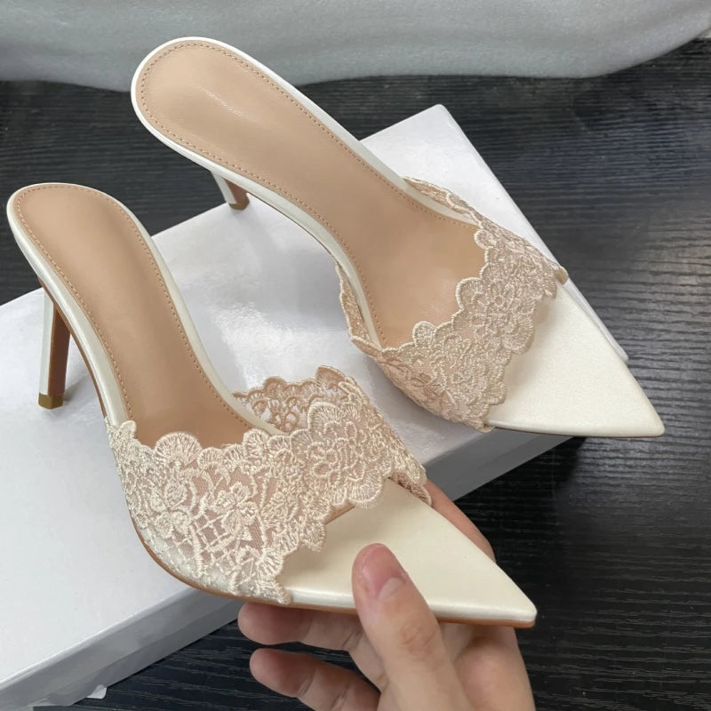 New Summer Women's High Heel Sandals Lace Embroidery Pointed Open Toe Stiletto High Heel Sandals Party Slippers