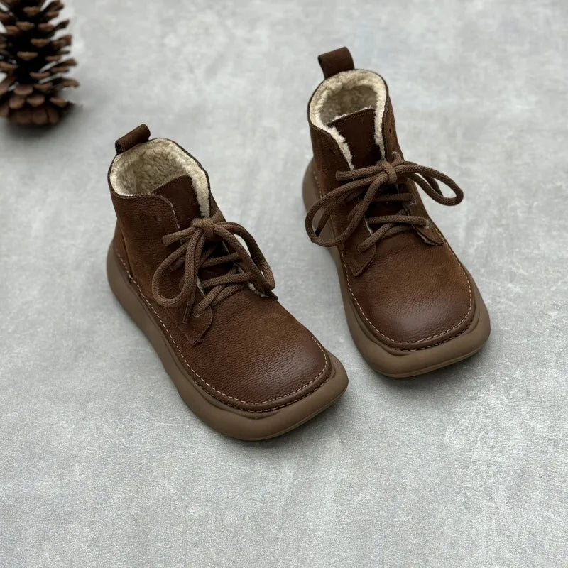Johnature Retro Genuine Leather Short Boots 2026 Autumn/winter New Wide Toe Lace Up Cowhide Soft Sole Women's Boots