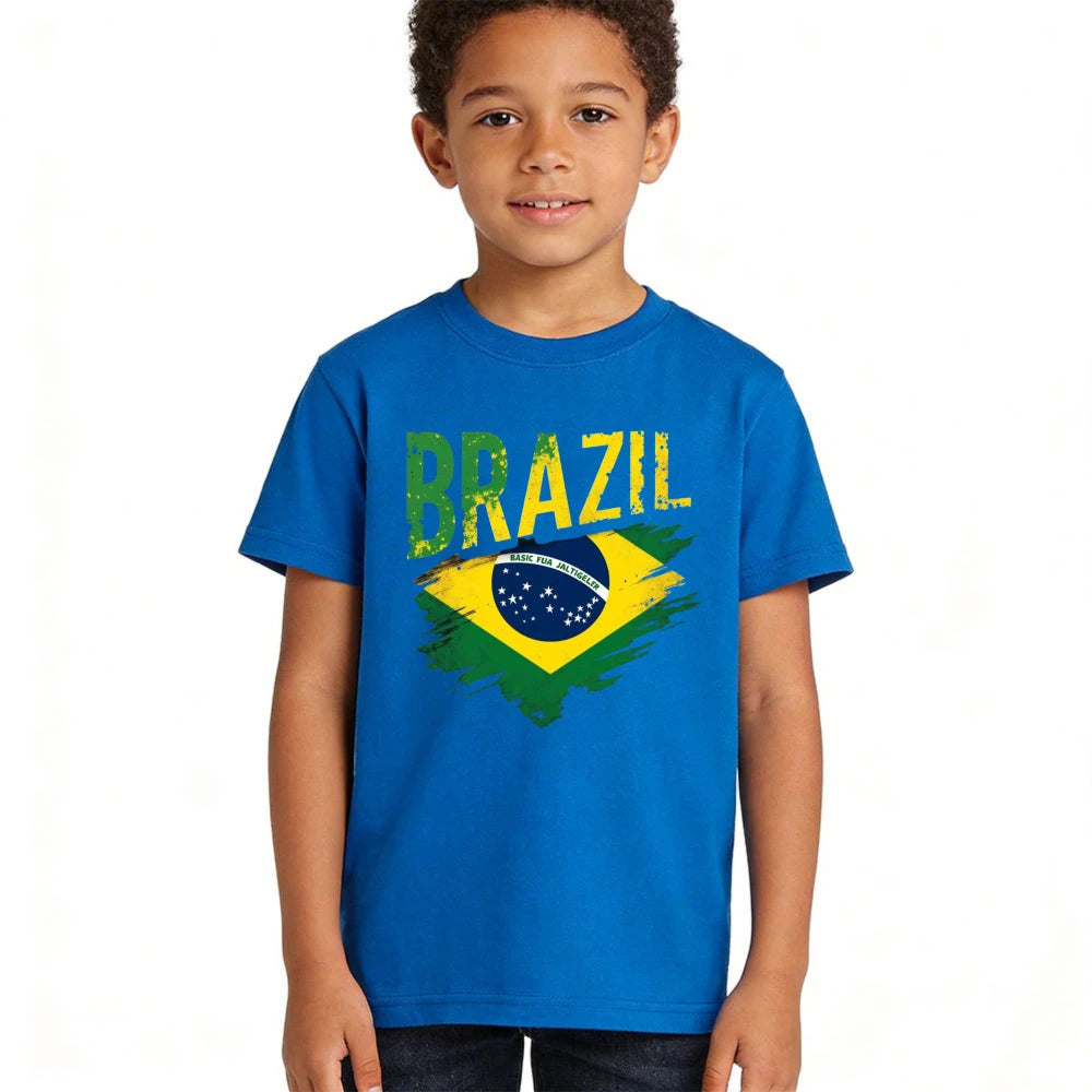Distressed Brazil Flag Graphic TShirt Brazilian Soccer Lover Children Casual Daily Life Shirt Kids Boy Girl Cotton Short Sleeve