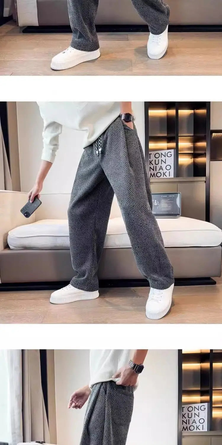 Autumn Winter Loose Men's Sherpa Fabric Straight Pants Man Fashion Thick Pockets Trousers Solid Color Male Clothes