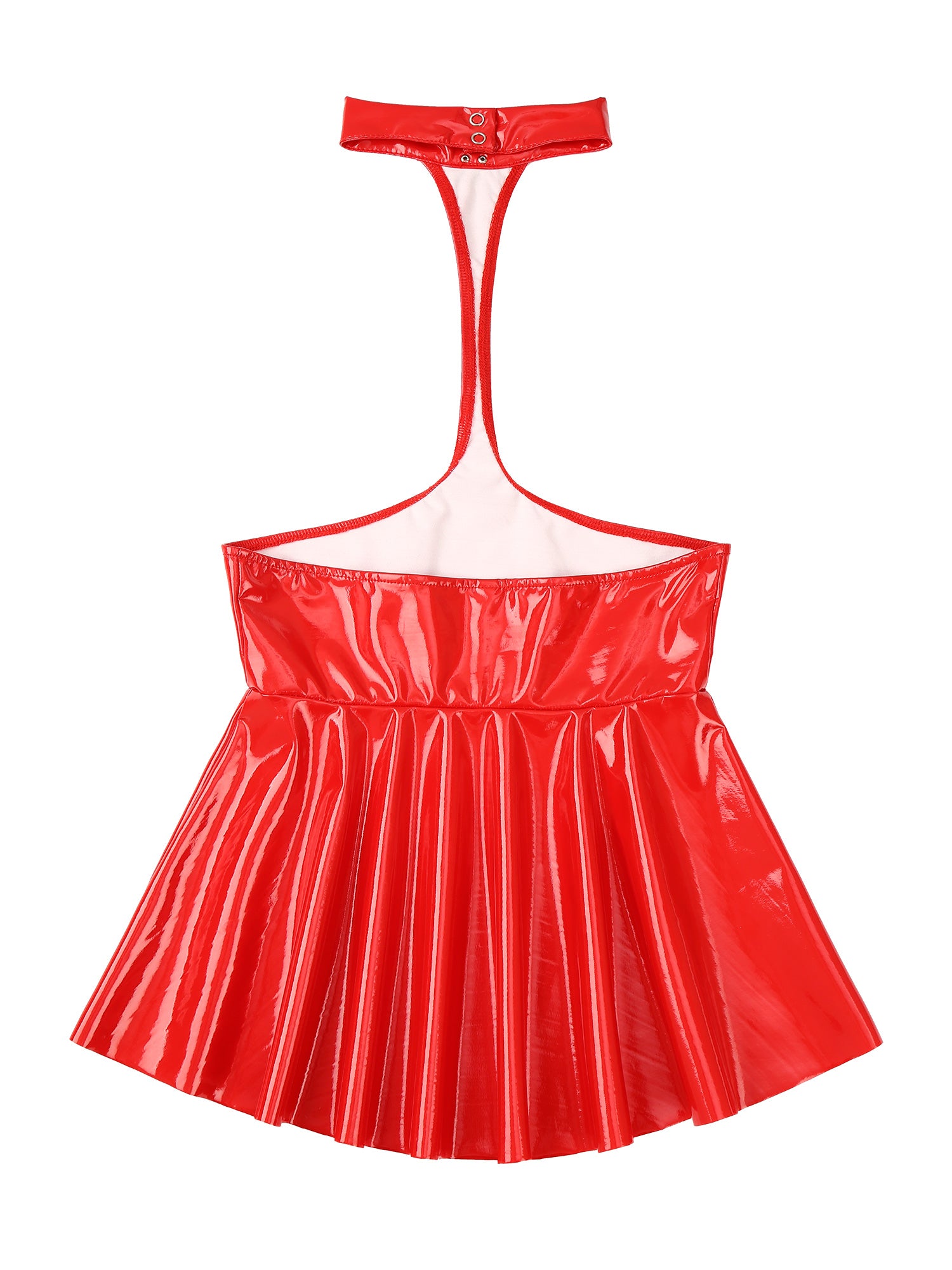 Womens Shiny Metallic Faux Leather Halter Neck Backless A-Line Dress Exposed Breast Mini Night Club Dresses Latex Clubwear