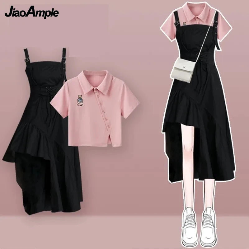 2025 Korean Elegant Summer New In Matching Set Women Fashion Short Sleeved T-shirt+Strap Dress Two Piece Female Chic Skirt Suit