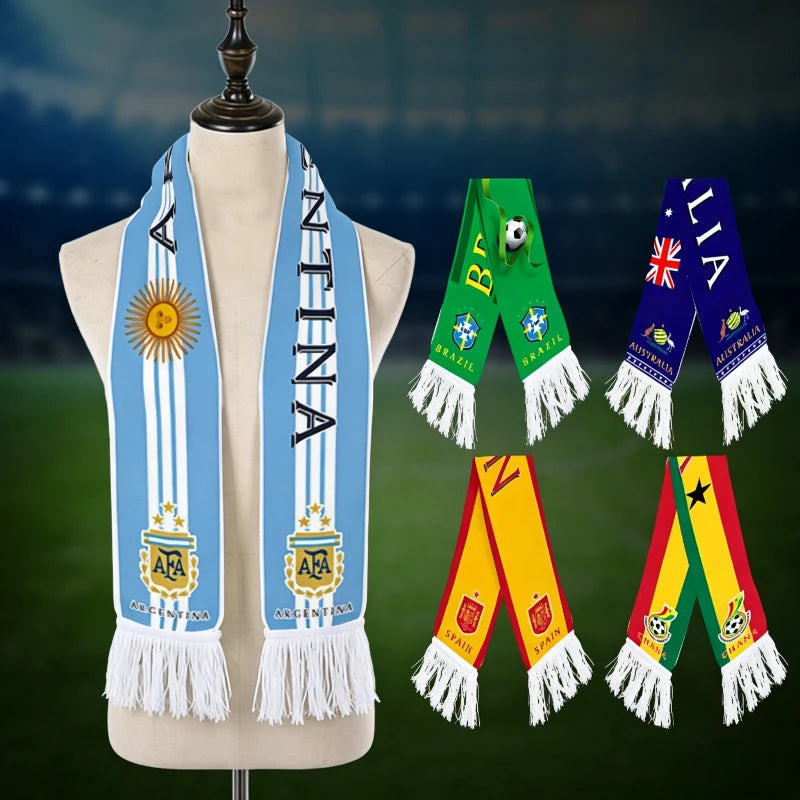 2026 Football Fan Scarf Argentina Brazil Portugal France Spain Canada USA Mexico Print Flannel Tassel Cheering Supporter Scarf