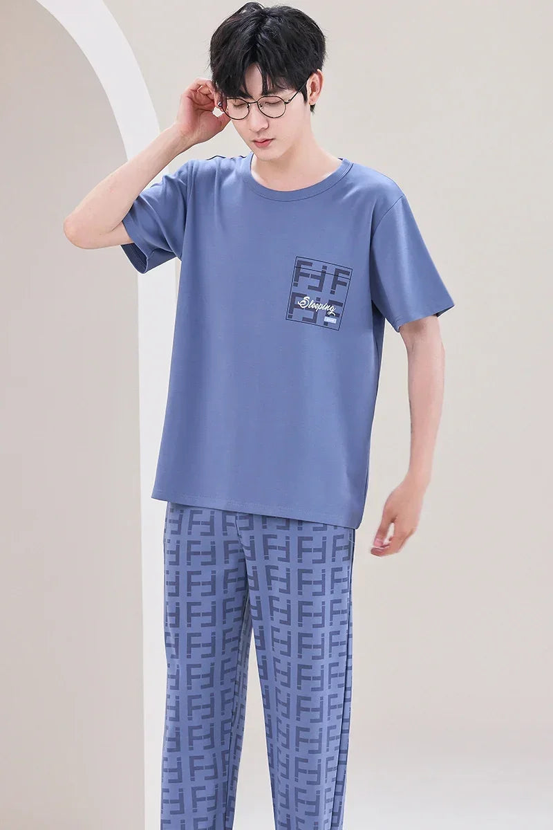 SUKAE Mens Plus Size L-5XL Homewear Summer Cotton Short Sleeve Full Pants Pajamas Set for Man Leisure Sleepwear Trendy Nightwear