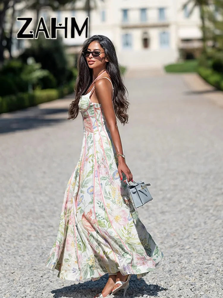 Elegant Printed Women's Dress Sleeveless Halter Waist-Closed A-Line Lady Dresses 2026 Spring Summer Female Robe New