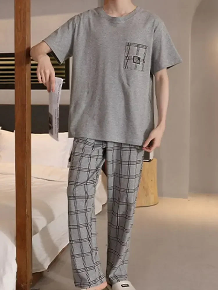 SUKAE Mens Plus Size L-5XL Homewear Summer Cotton Short Sleeve Full Pants Pajamas Set for Man Leisure Sleepwear Trendy Nightwear