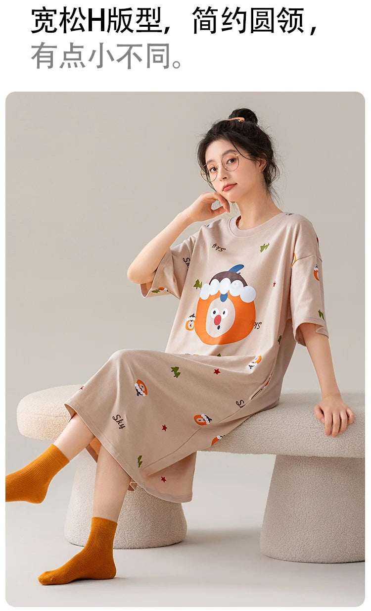 100% COTTON! SUKAE Summer New Women Lovely Sleepshirt Fashion Nightgowns Leisure Dress Casual Nightdress Short Sleeves Nightgown
