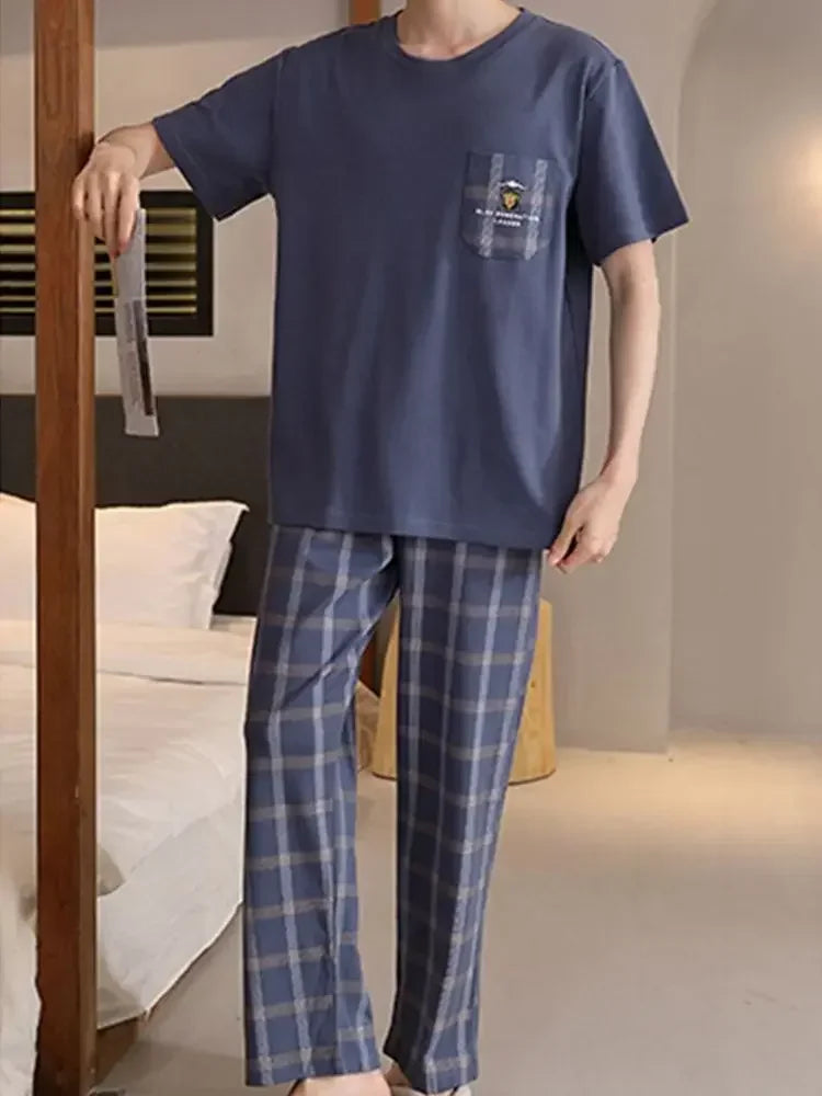 SUKAE Mens Plus Size L-5XL Homewear Summer Cotton Short Sleeve Full Pants Pajamas Set for Man Leisure Sleepwear Trendy Nightwear