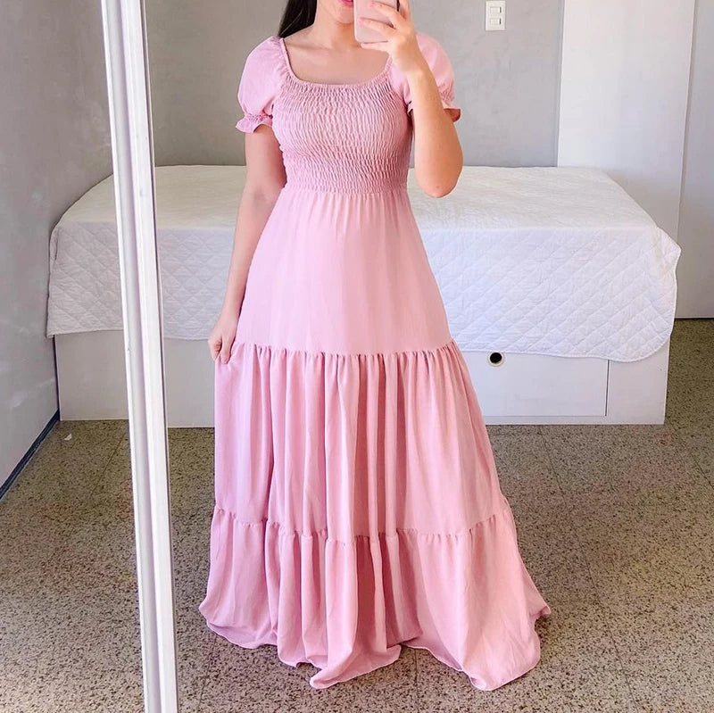 A Line Pleated Blue Princess Long Dresses Women Puff Sleeve High Waist Square Neck Maxi Dress Summer Solid Ruffles Party Dresses