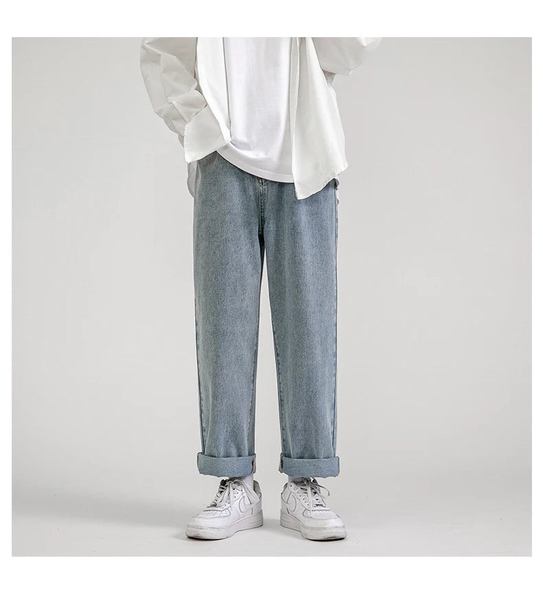 2023 New Korean Fashion Men's Baggy Jeans Classic Unisex Man Straight Denim Wide-leg Pants Hip Hop Bagy Light Blue Grey Black
