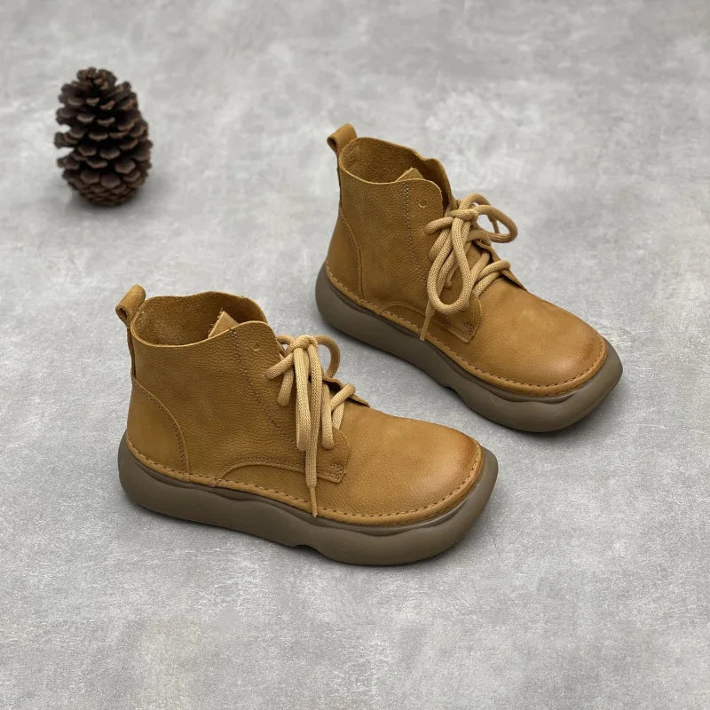 Johnature Retro Genuine Leather Short Boots 2026 Autumn/winter New Wide Toe Lace Up Cowhide Soft Sole Women's Boots
