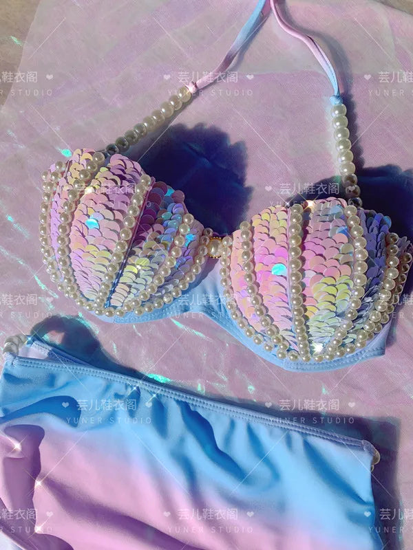 RM Mermaid Sequin Corset Bikini Swimsuit Free Diving Performance Oceanarium Electro Festival Bra Bar Cos Costumes