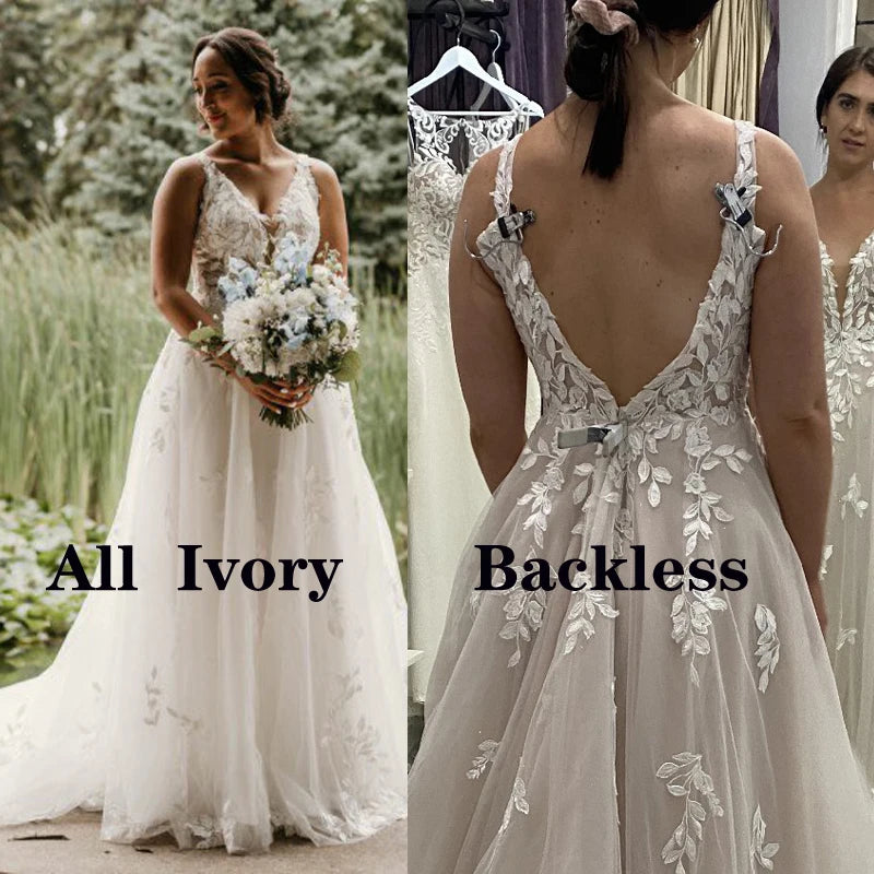 VIKTORIA Fashion Aline Wedding Dresses V-neck Custom-Made Court Train Appliques Sleeveless Robe De Mariée Engagement Plus