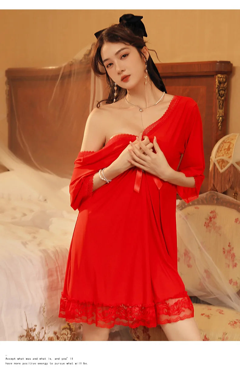 Fdfklak M-3XL Women’s Nightgowns Sexy Lace Deep V Neck Sleepshirt Mesh Short Sleeve Summer Nightdress Female Nightwear Dress