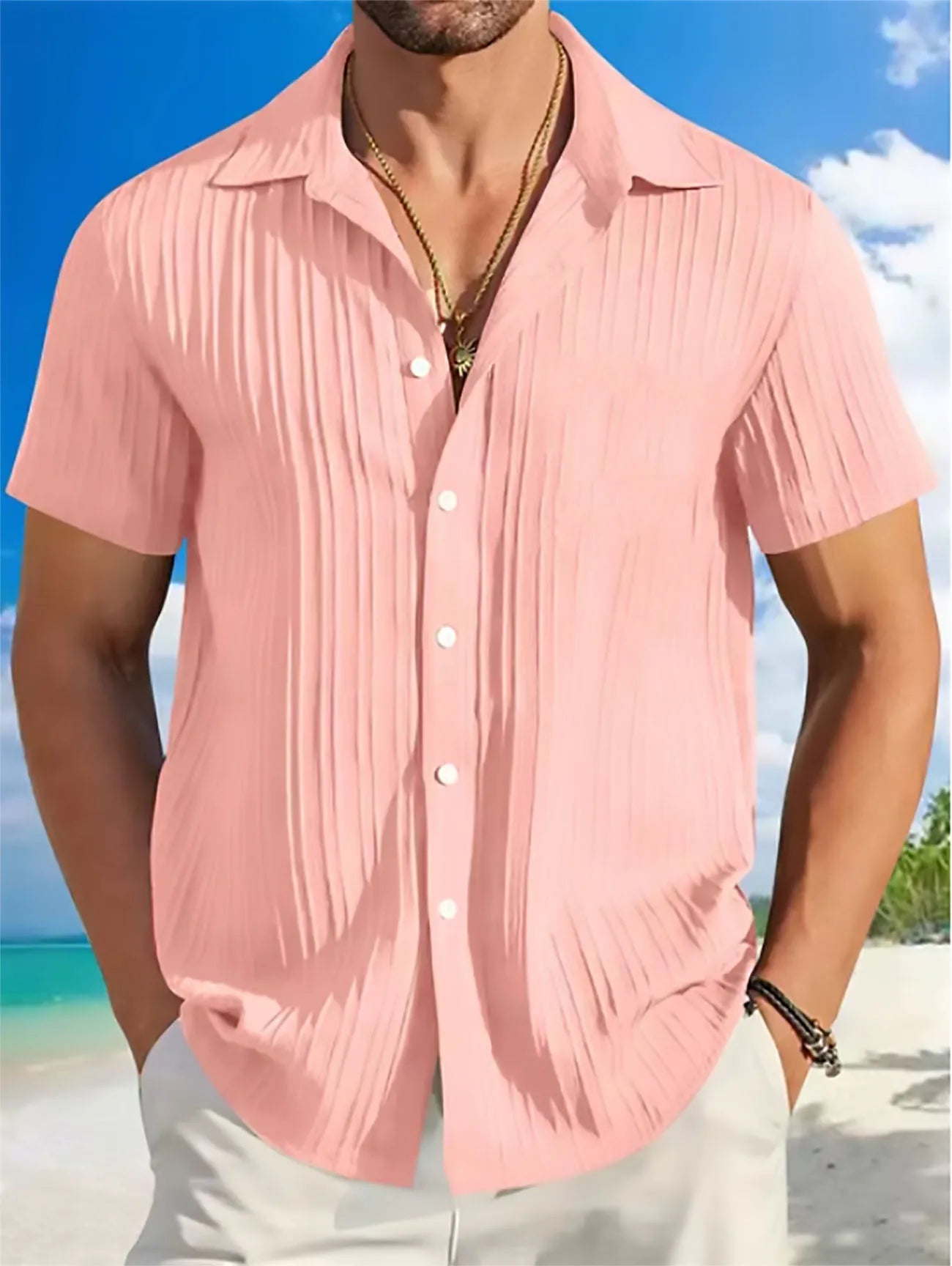 Shirt  Hawaiian Shirt Short Sleeve Cardigan Striped Lapel Solid Color All-match Breathable Quick Drying Men's Casual Shirt