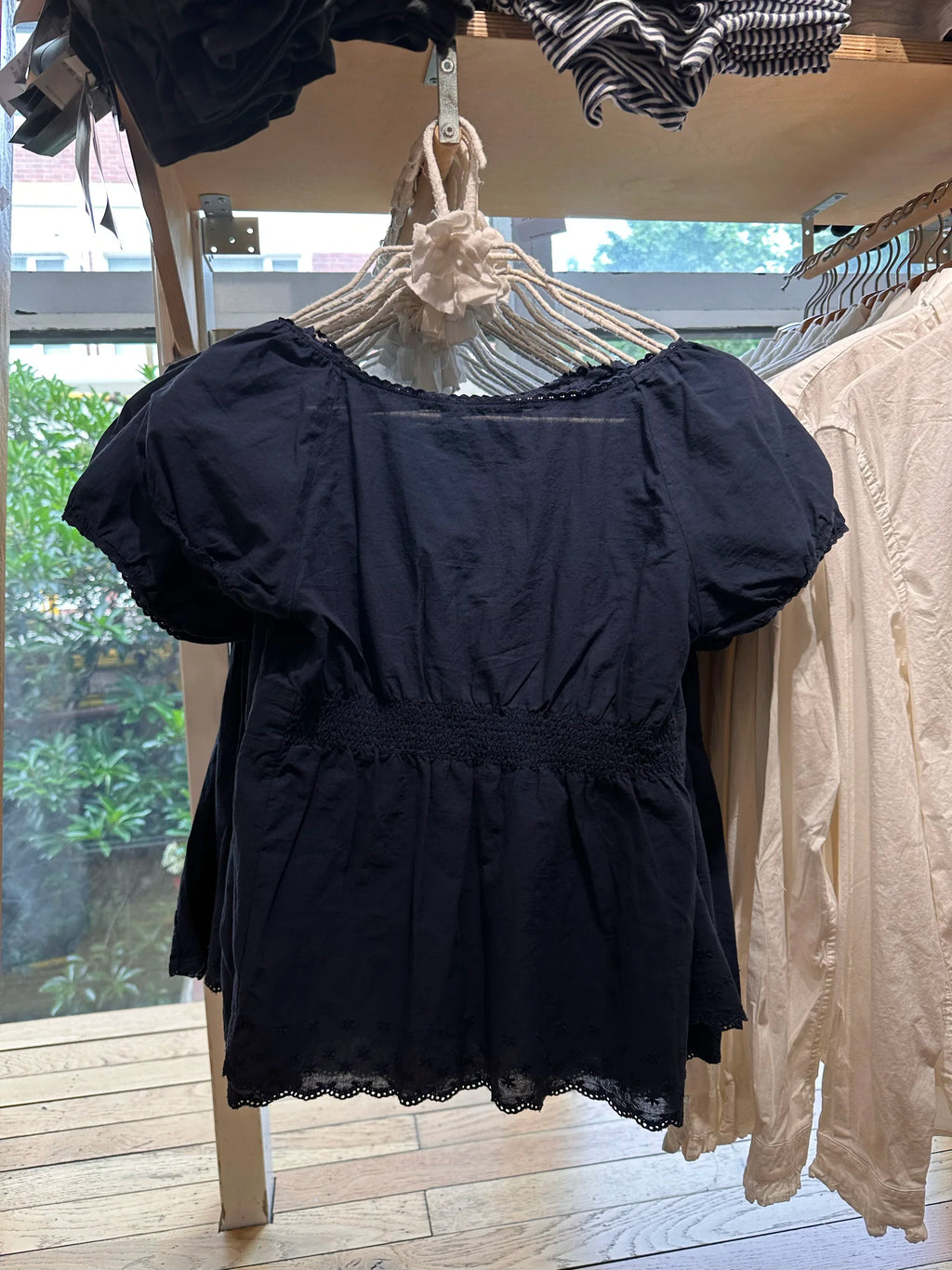 Lace Trim Embroidery Navy T-shirt Women Three Buttons Folds Square Collar Puff Sleeve T-shirt Summer Sweet Casual Vintage Blouse