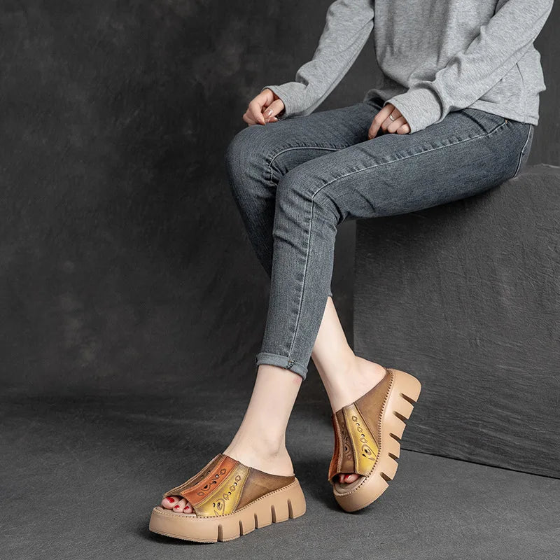 GKTINOO Genuine Leather Summer Shoes Women Slippers Wedges Outside Slides Leisure 2026 New Handmade Concise Ladies Slippers