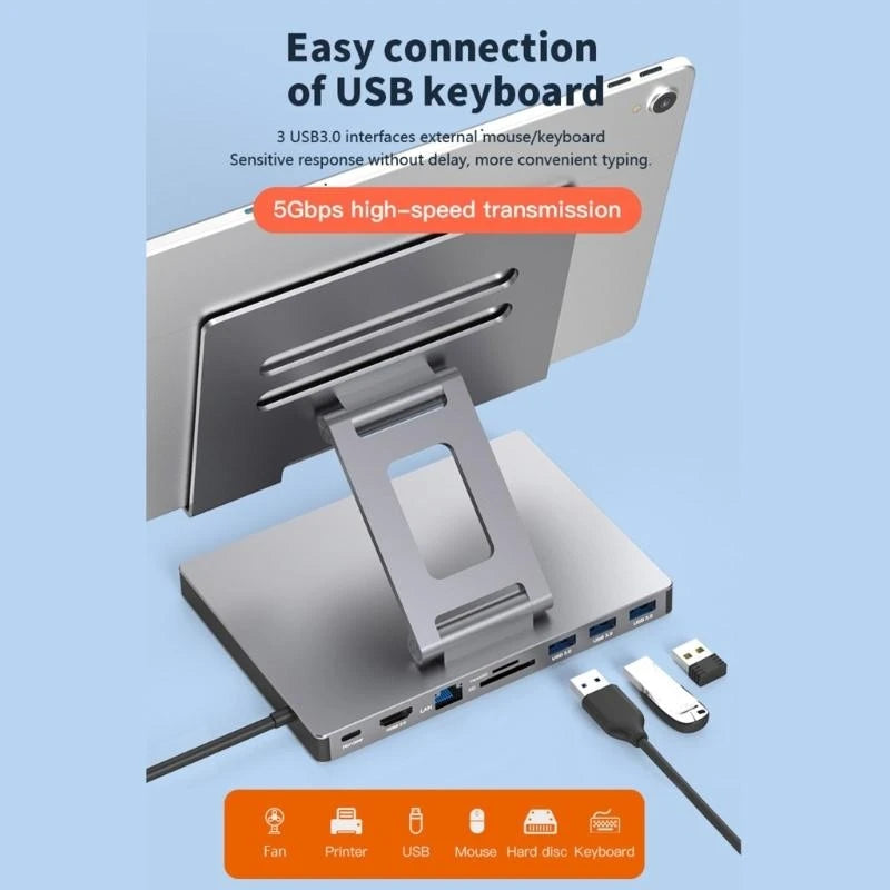 Aluminum Type C Docking Station Laptop Stand /9 in 1 for Fast Data Transmission and Expanded 2xHDMI4K USB3.0 HUB