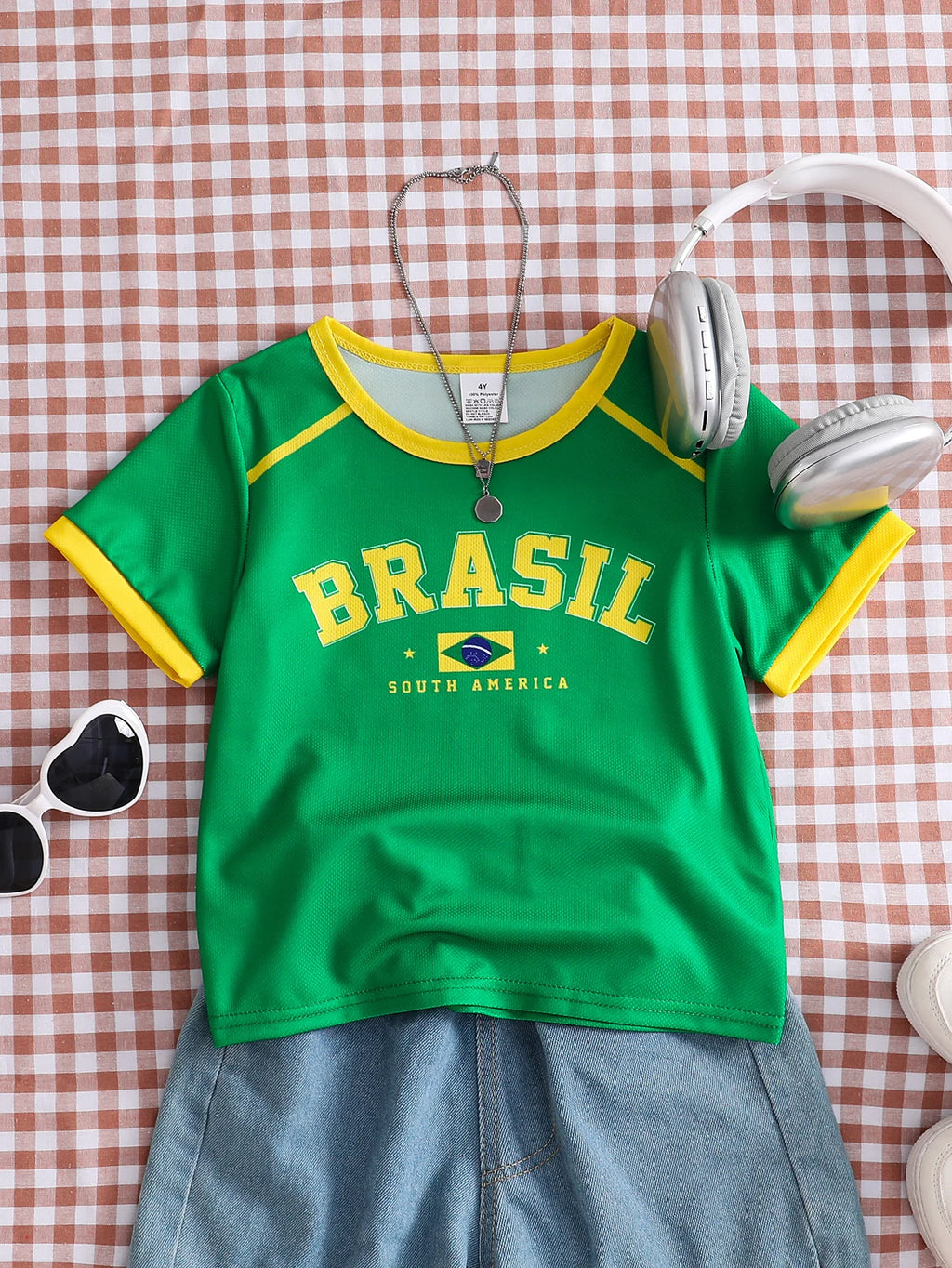 Kids Brazil Football Jersey T-Shirt |   Yellow and Green Brazil Flag Print Short-Sleeved T-Shirt |   Summer Casual Brazil National Team Sweatshirt Suitable for Boys and Girls, Carnival, St. John's Day.