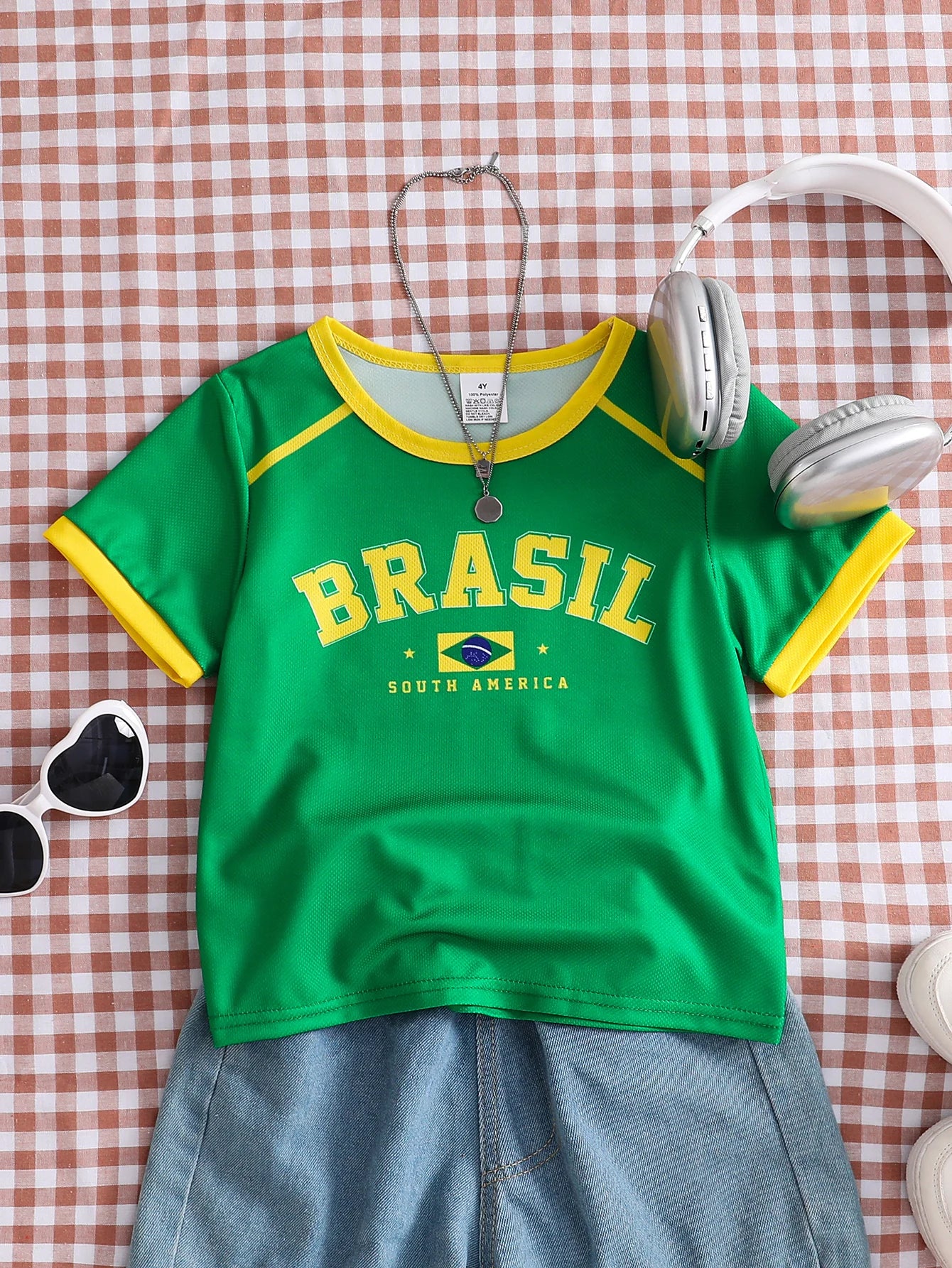 Kids Brazil Football Jersey T-Shirt |   Yellow and Green Brazil Flag Print Short-Sleeved T-Shirt |   Summer Casual Brazil National Team Sweatshirt Suitable for Boys and Girls, Carnival, St. John's Day.