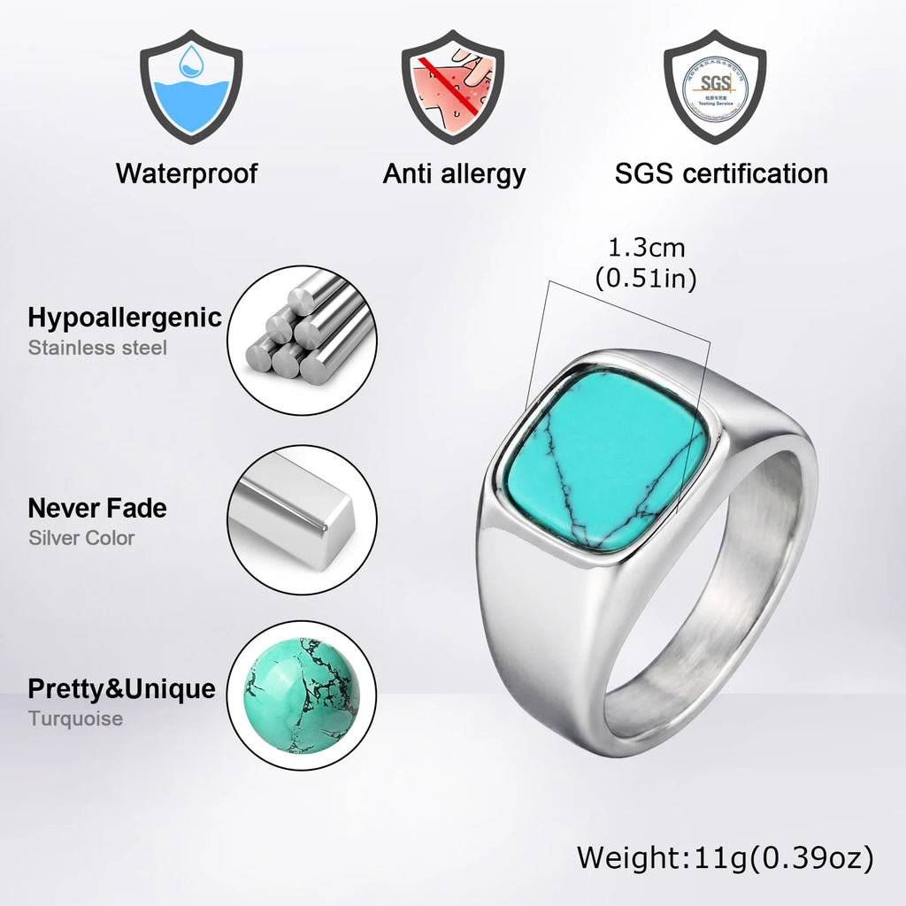 Stylish Square Natural Stone Ring for Men,Waterproof Stainless Steel Signet Ring,Birthday Party Gift for Him Dad