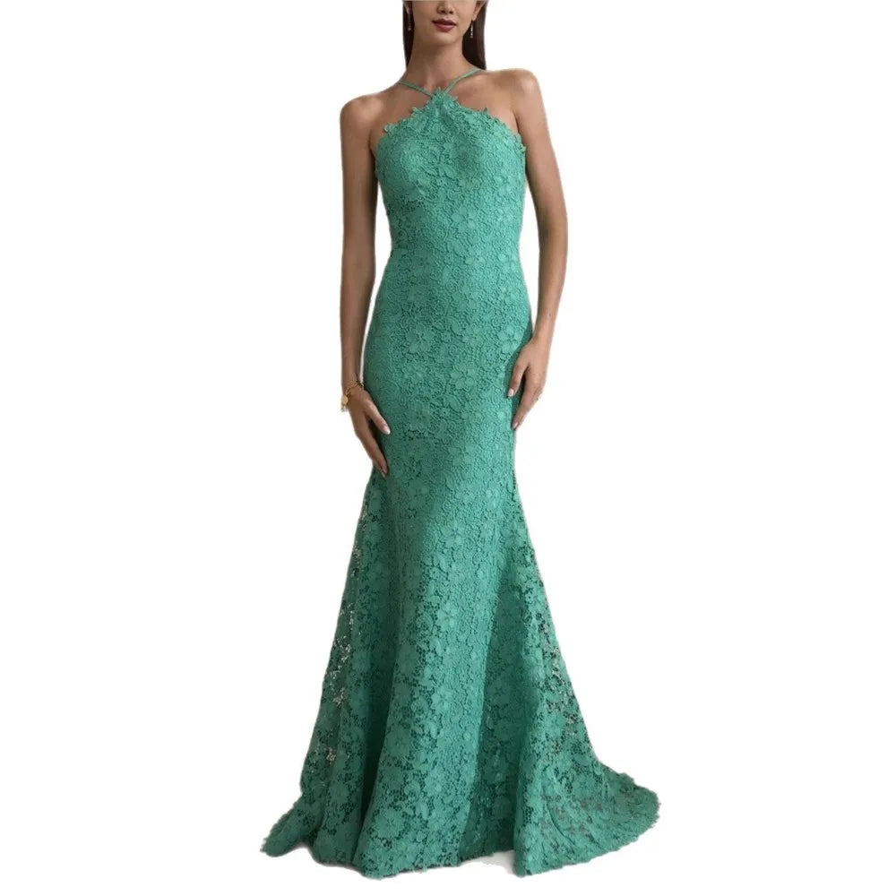Fashion Evening Dress Dresses For Woman Party Wedding Vestidos Temperament Elegant Sexy Slim Neck Halter Backless Laces Banquet