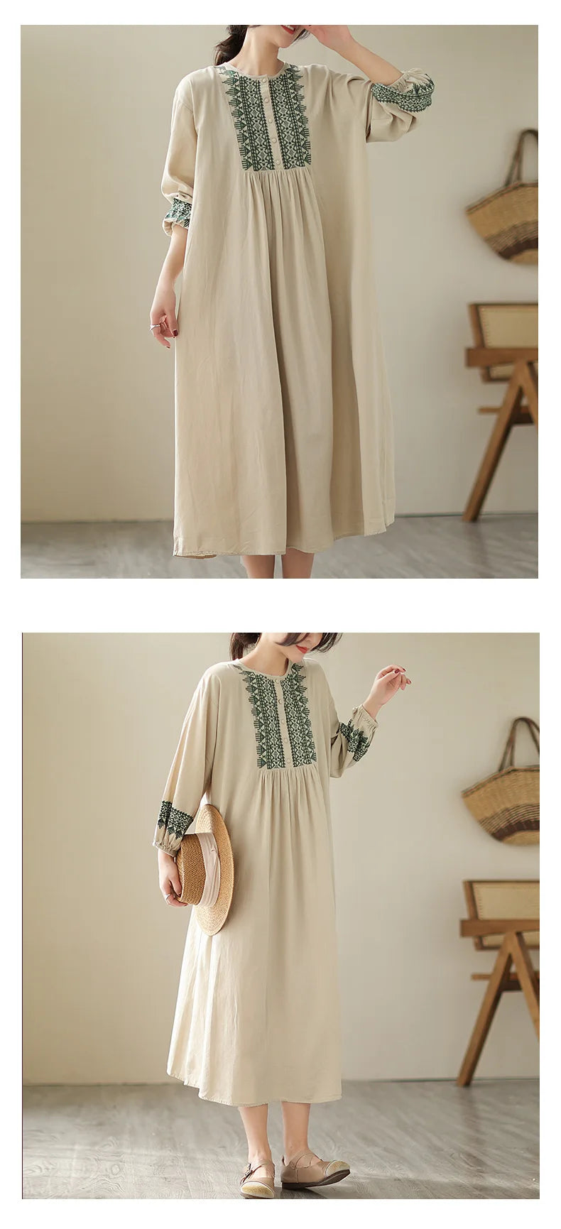100% Cotton Long Dresses Women New Arrival 2023 Spring Vintage Style Geometric Embroidery Loose Female Casual Dress B2386
