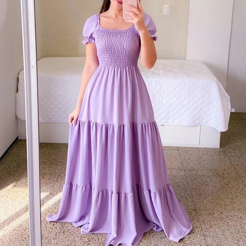 A Line Pleated Blue Princess Long Dresses Women Puff Sleeve High Waist Square Neck Maxi Dress Summer Solid Ruffles Party Dresses