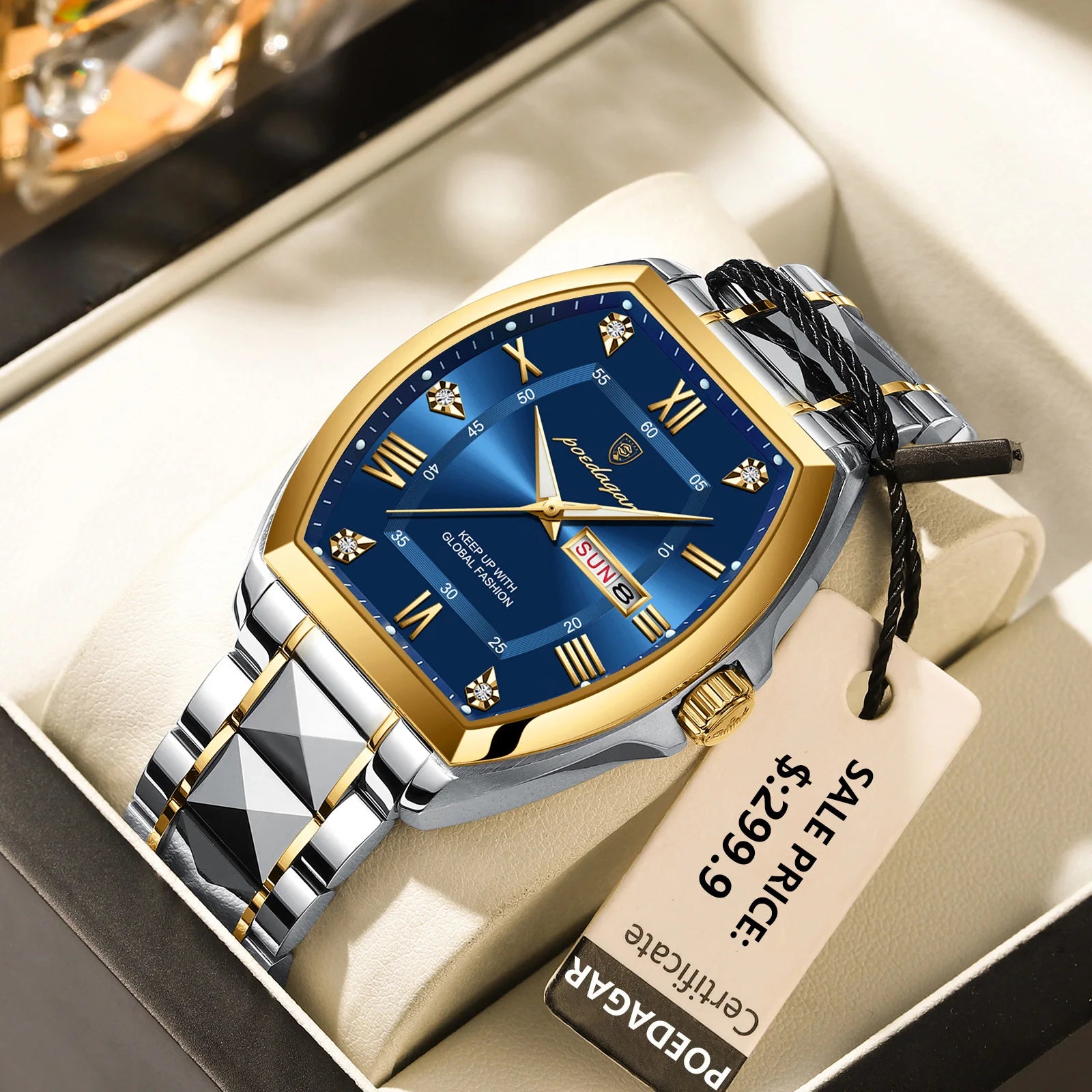 POEDAGAR Luxury Tonneau Men Watch Luminous Waterproof Date Week Man Watch Stainless Steel Fashion Original Men's Quartz Watches