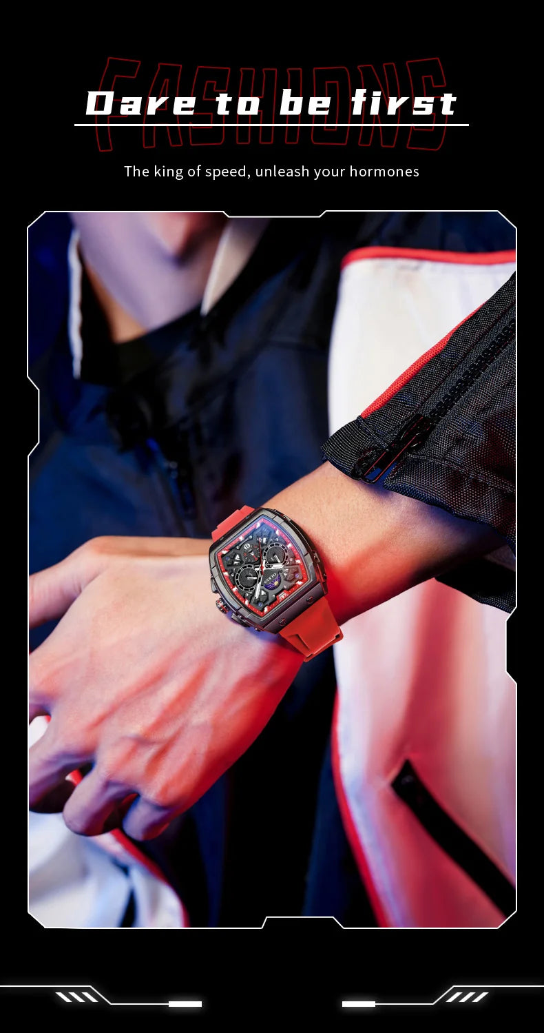 OLEVS 2942 Man Watch Silicone Strap Tonneau Design Dial Multifunction Quartz Watch for Men Moon Phase Calendar Chronograph Watch