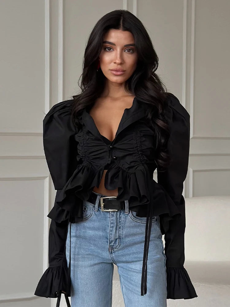 Elegant Chic Ruffle Hem Women's Shirt Flare Sleeve Single Breasted Drawstring Pleat Cropped Shirts 2026 Spring Summer Lady Top