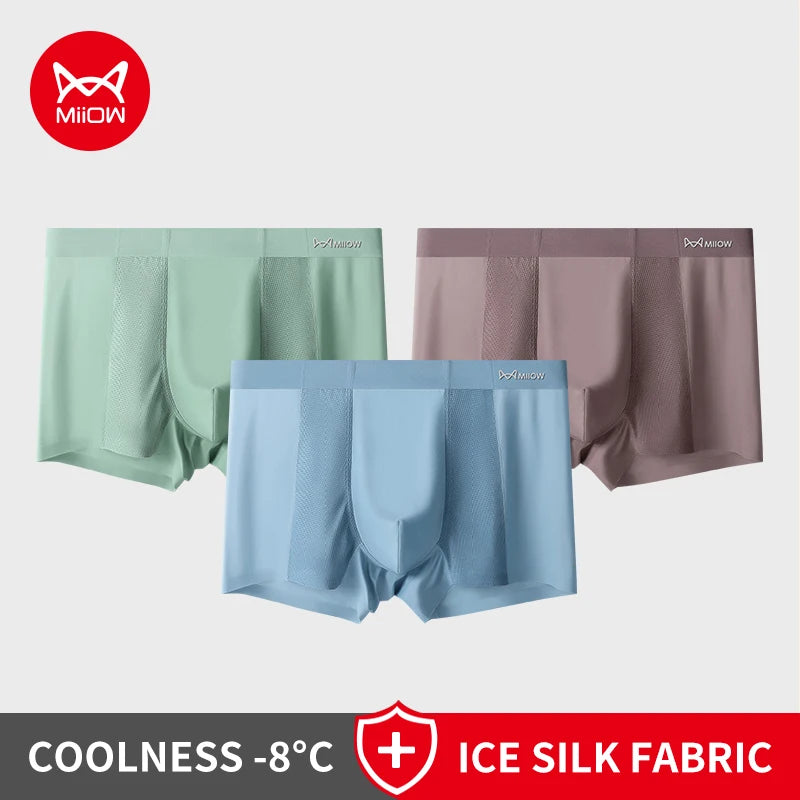 MiiOW 3Pcs Summer Ice Silk Men Boxer Underwear Seamless Mesh Breathable Men's Panties Cotton Crotch Man Underpants Man Boxers