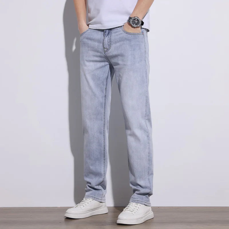 KSTUN 2025 Spring Summer Jeans For Men Slim Straight Gray Light Blue Stretch Jeans Regular Fit Denim Pants Mens Clothing Cowboys
