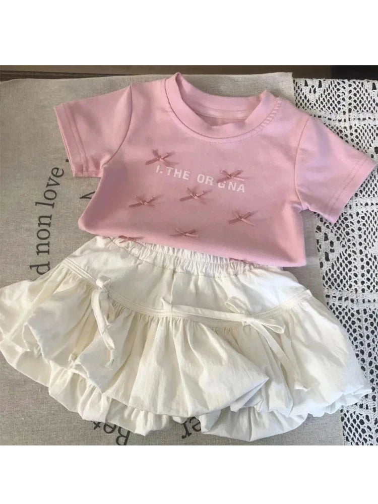 Girl's Sweet 2Pcs Set Summer Children Infants Kids Baby Ballet Princess Bow Top T-shirt+Flower Bud Skirt Suits