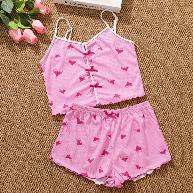 Women's Summer Spaghetti Strap Top and Shorts Pajama Sets Ladies Cherry Heart Print Sleepwear Cute Bowknot Sexy Loungewear S-XL