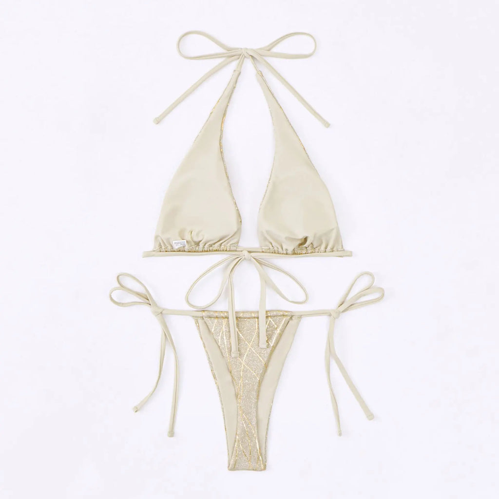 Sexy Golden String Bikini 2024 Women Swimsuit Female Swimwear Thong Halter Bikinis Set Brazilian Beach Bathing Suit Biquini