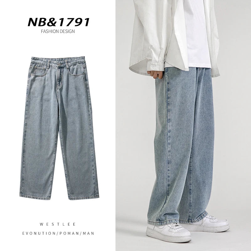 2023 New Korean Fashion Men's Baggy Jeans Classic Unisex Man Straight Denim Wide-leg Pants Hip Hop Bagy Light Blue Grey Black