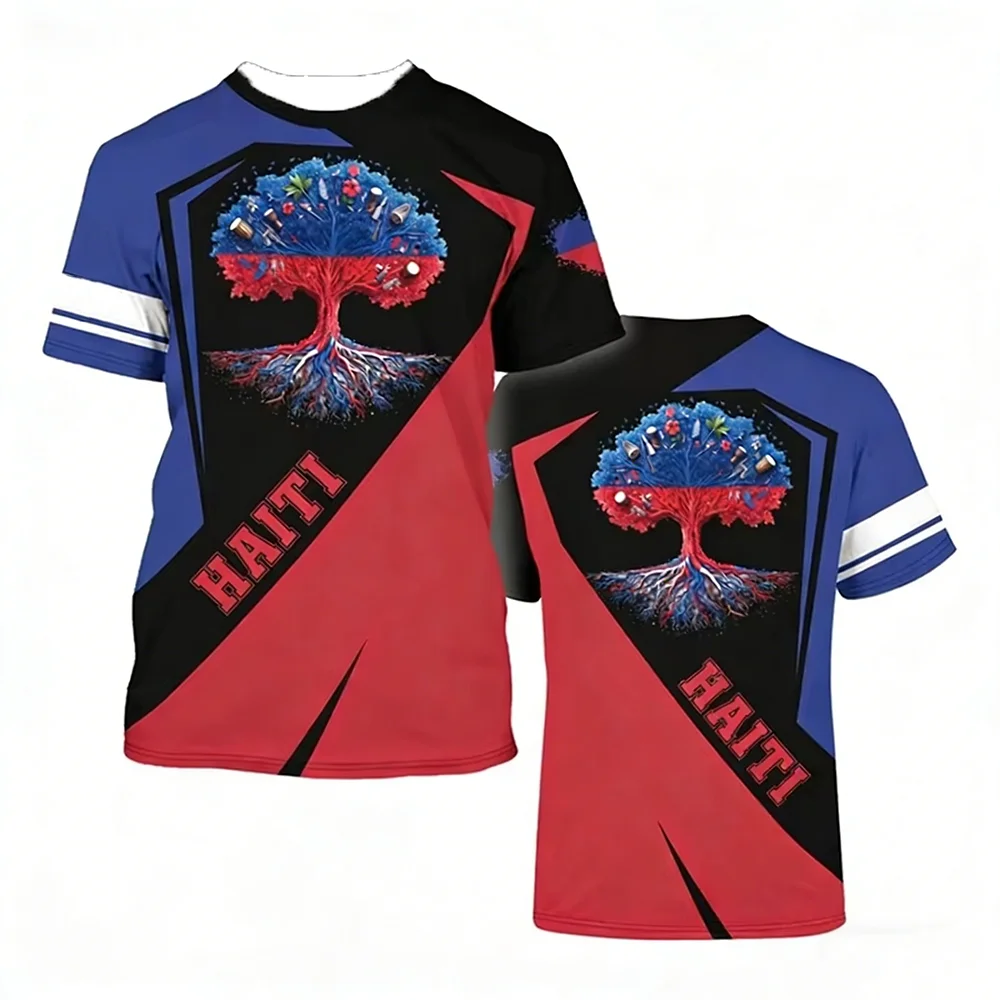 Haiti National Elements 3D Printed T-Shirt Patriotic Culture Casual Fabric T-Shirt Featuring National Flag Map And Emblem Design