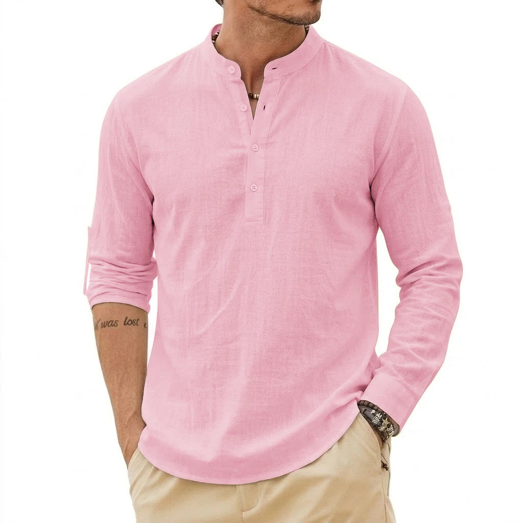 Fashion Mens Linen Shirts Luxury Henley Casual T-Shirts Long Sleeve Cotton T-Shirts Beach Hawaiian Summer Shirt for Men Gym Man