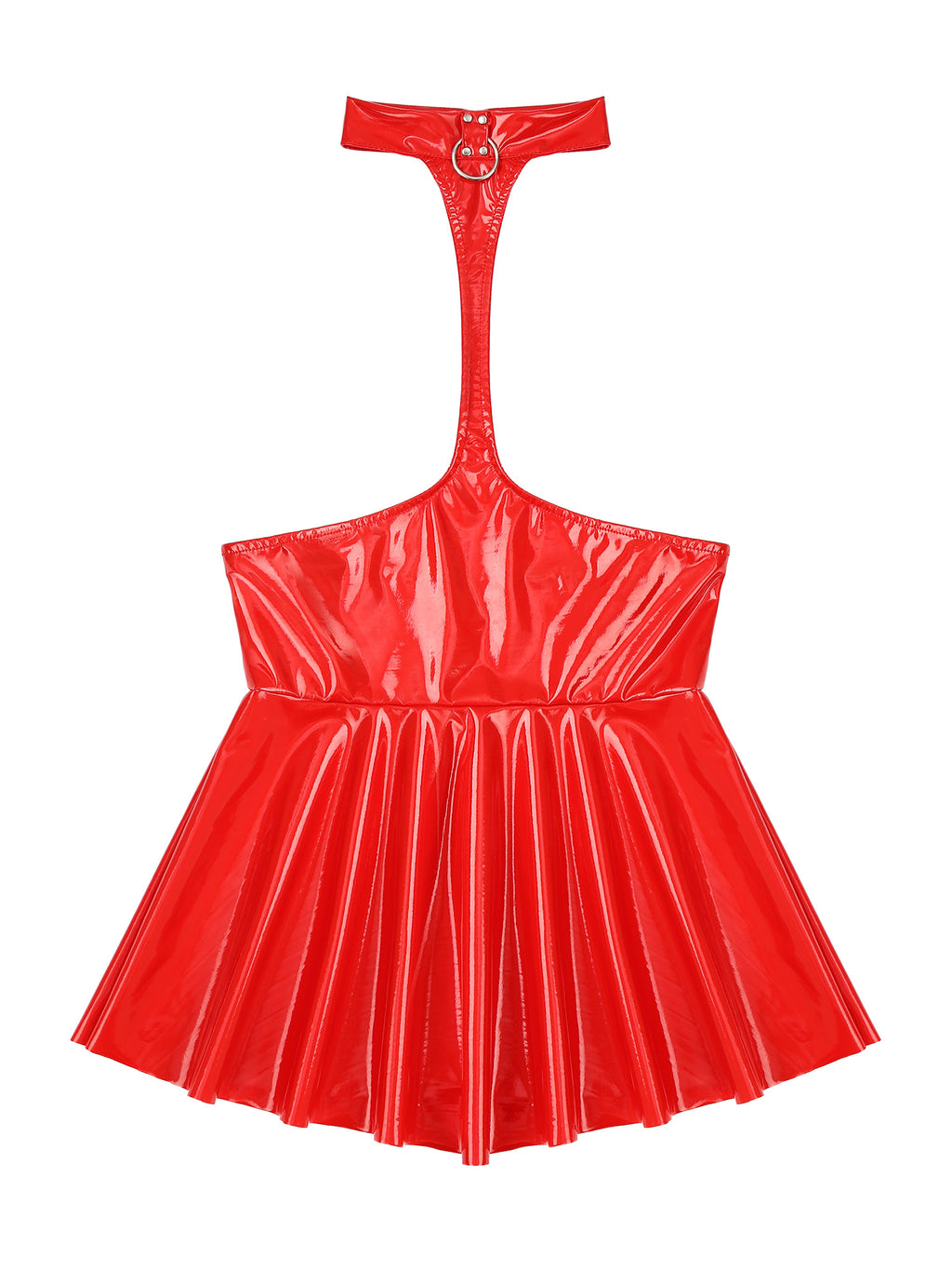 Womens Shiny Metallic Faux Leather Halter Neck Backless A-Line Dress Exposed Breast Mini Night Club Dresses Latex Clubwear