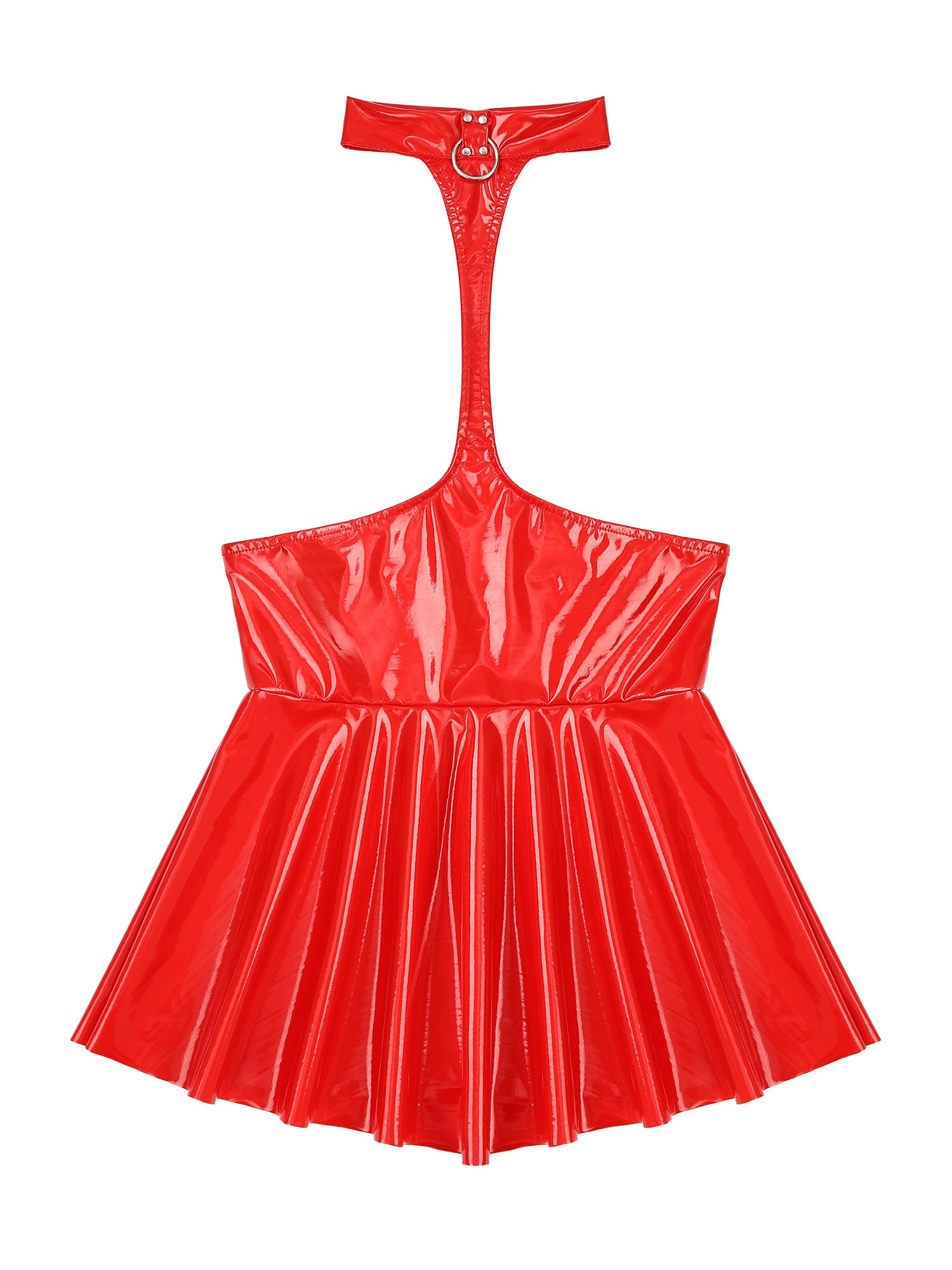 Womens Shiny Metallic Faux Leather Halter Neck Backless A-Line Dress Exposed Breast Mini Night Club Dresses Latex Clubwear