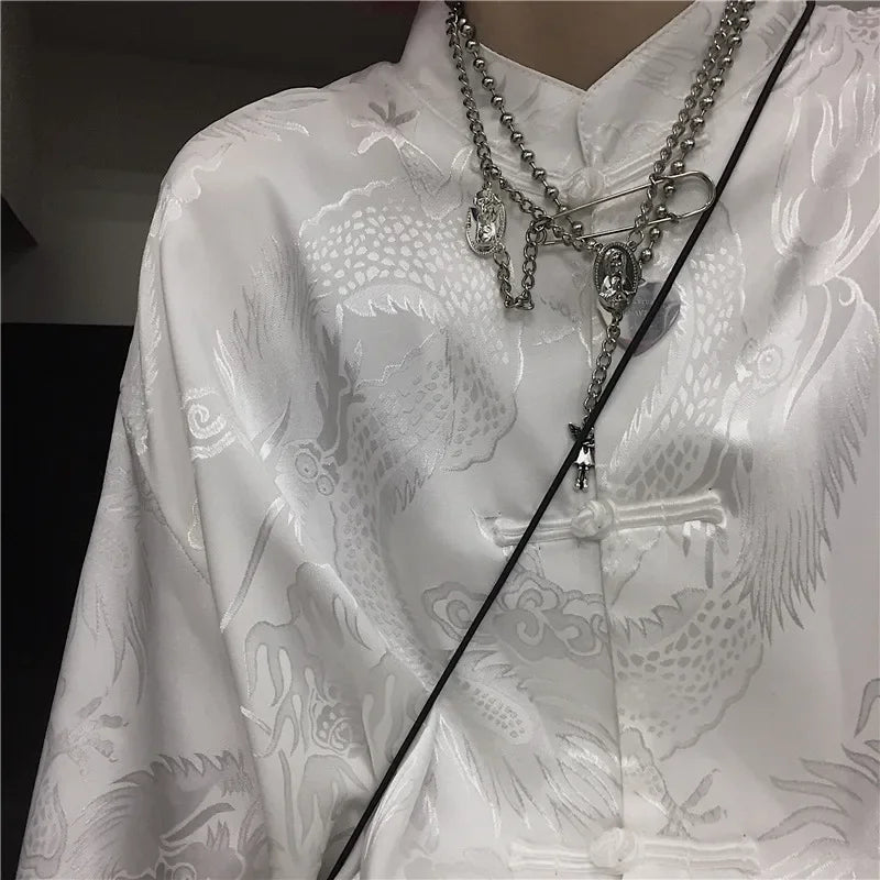 KOSAHIKI Women Man Blouse Dragon Print Harajuku Streetwear Chinese Style Stand Collar Buckle Vintage Black White Shirt Blusas