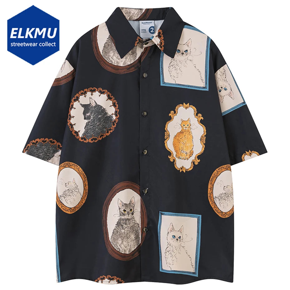 Cat Graphic Shirts Men's 2026 Summer Loose Short Sleeve Shirts Button Up Blouse Oversized Streetwear Fashion Shirts Man