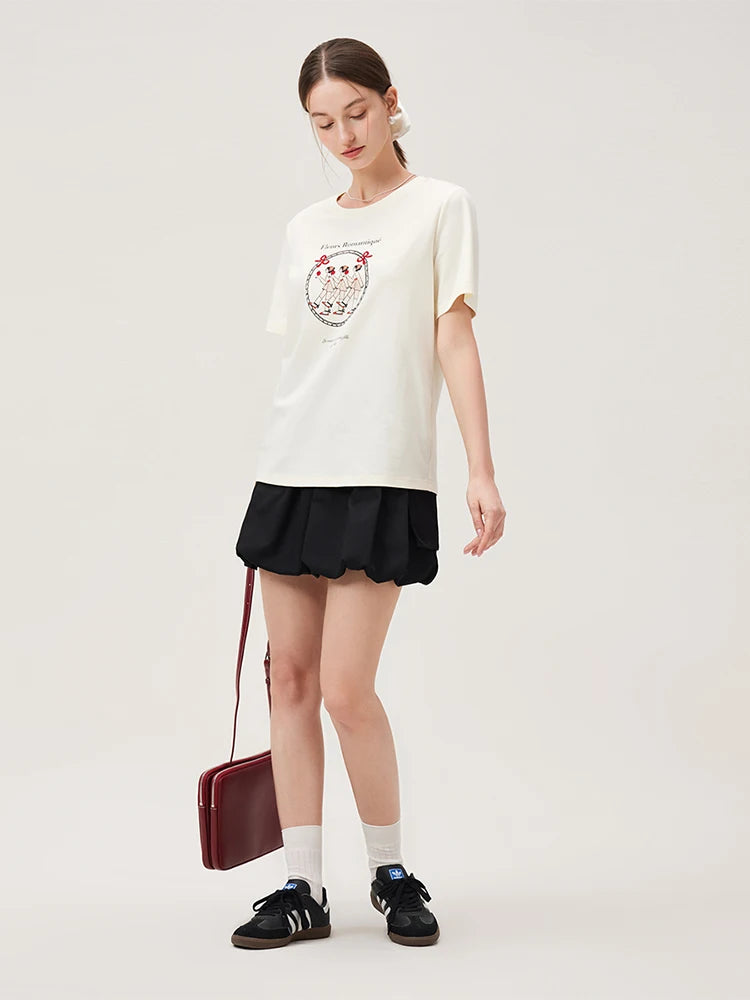 FSLE Summer Versatile Casual Commuting Printed Pattern Women T-Shirt 2024 Summer New Short Sleeve Female Top 24FS12274 24FS12348