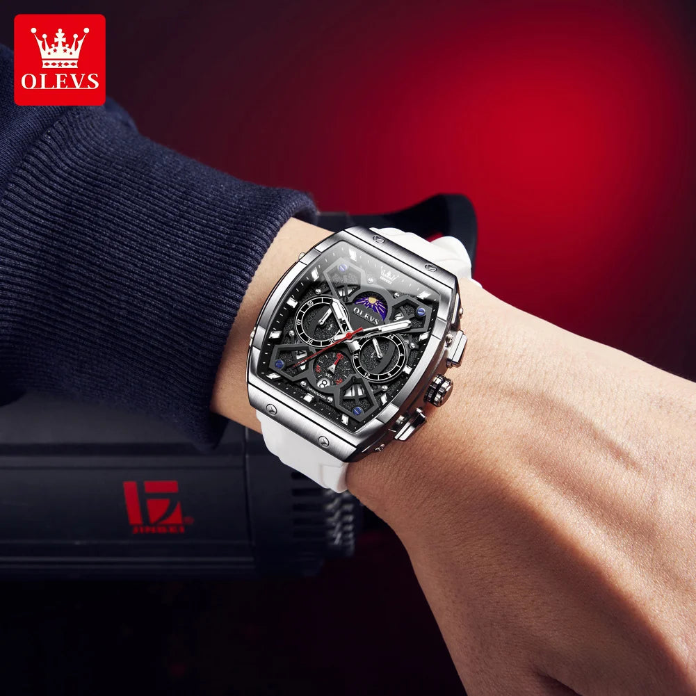 OLEVS 2942 Man Watch Silicone Strap Tonneau Design Dial Multifunction Quartz Watch for Men Moon Phase Calendar Chronograph Watch