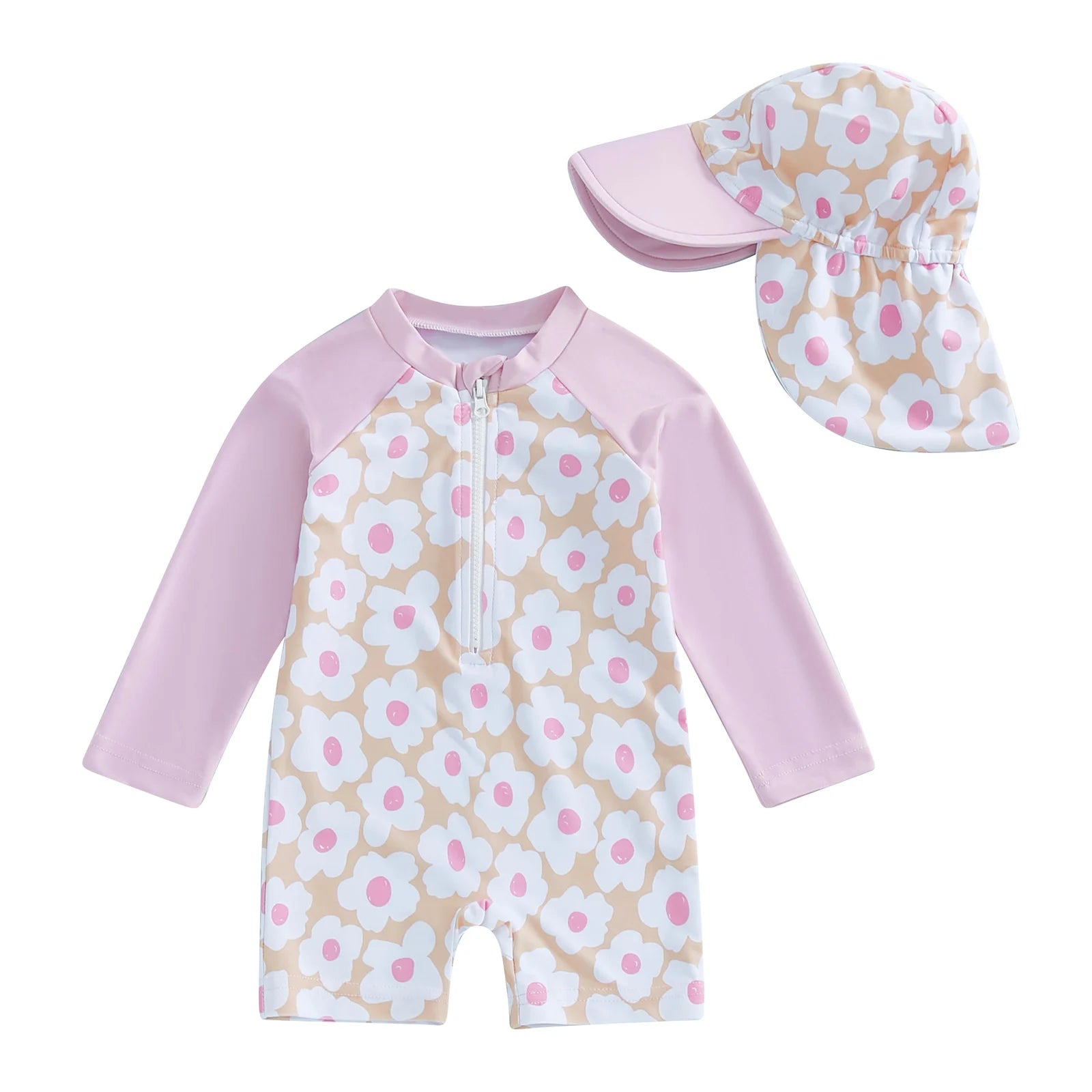 Citgeett Summer Kids Toddler Girl Long Sleeve Swimsuit Floral Flamingo Print Half Zipper Swimwear Romper Clothes