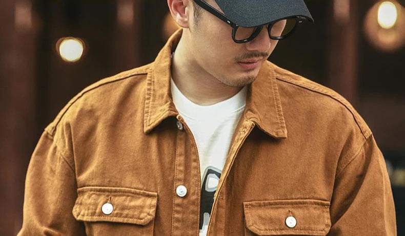 Cargo Oversize Cowboy Coat for Men Brown Cotton Denim Jackets Man Joker of Fabric Korea Japanese Retro Outwear Size L Lxury Worn