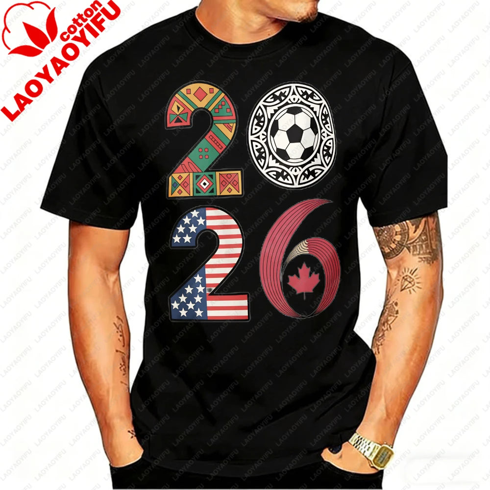 2026 USA Canada Mexico Soccer T-Shirt Cotton Shirt Tribal & Flag Graphic Tee, Ideal Gift for North American Football Enthusiasts