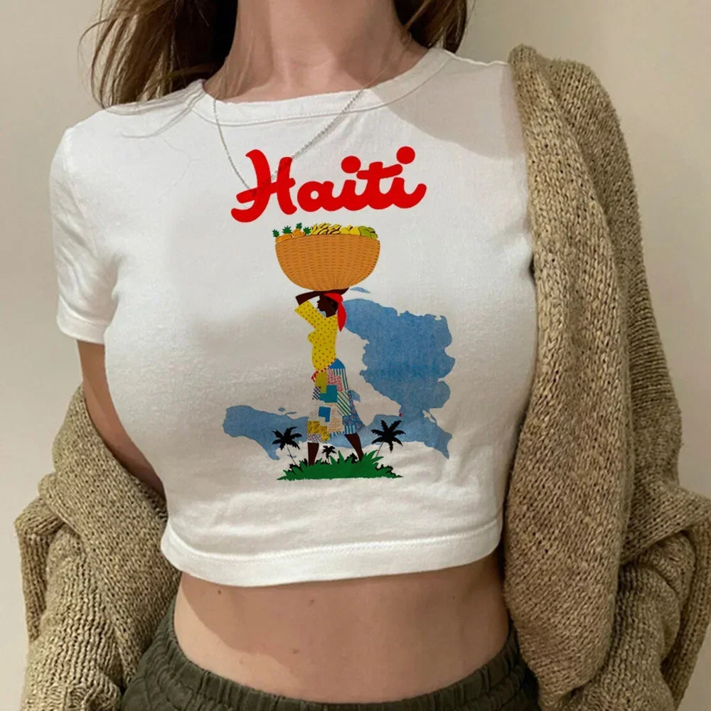 Haiti hippie  streetwear  aesthetic crop top Female fairycore Harajuku kawai manga tshirt clothing