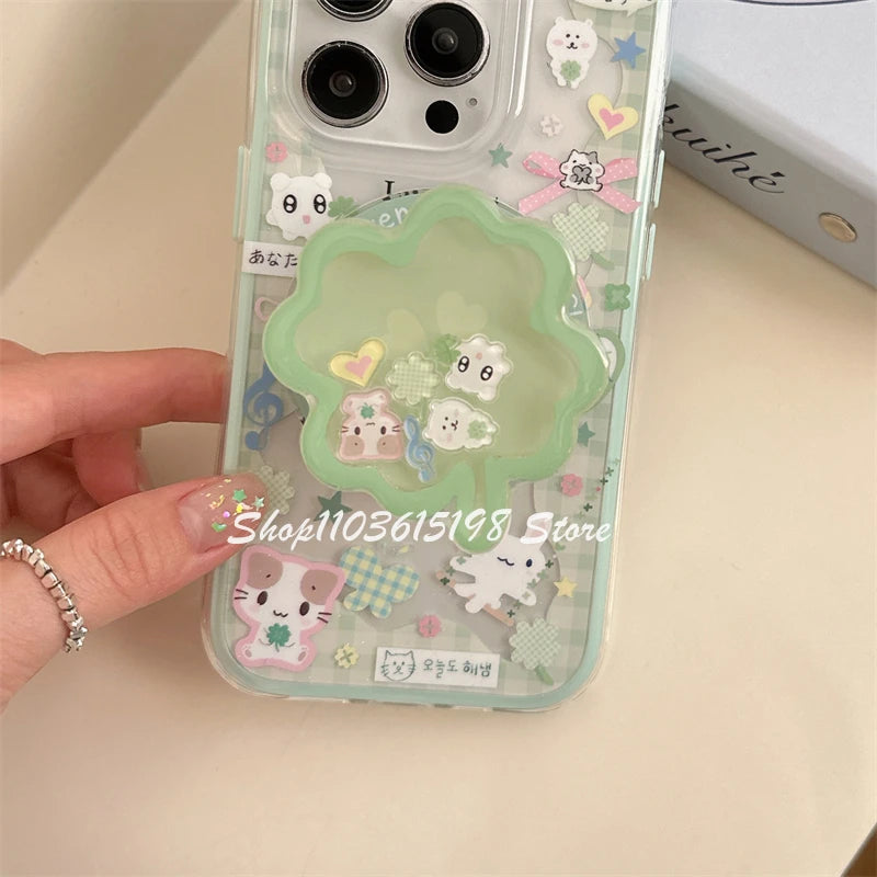 Korea Cute Quicksand Lucky Clover Magnetic Holder Grip Tok Griptok Phone Holder Phone Stand Support For iPhone Magsafe Smart Tok